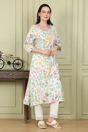 White Floral and Bird Printed Straight Kurta with Scalloped Neckline_24AUSTW10592-121987_XS