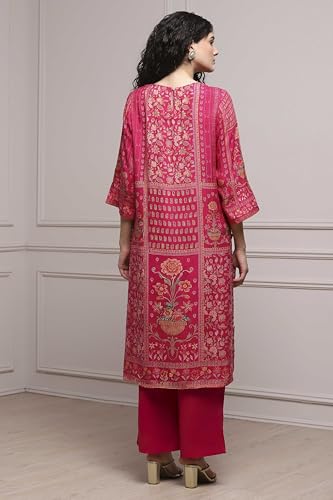 Biba Women Pink Viscose Rayon Straight Printed Suit Set_32