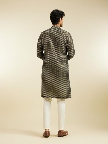DIWAS BY MANYAVAR Men's Art Silk Printed Kurta Set (Dark Green,L)