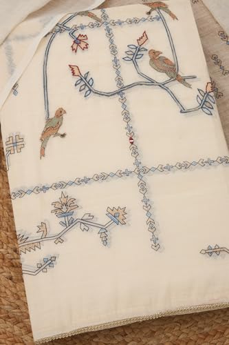 Soch Womens Cream Linen Blend Bird Motifs Unstitch Dress Material With Thread Work