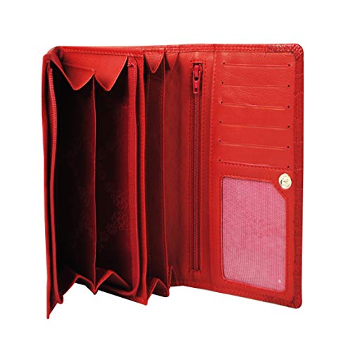 Calfnero Women's Genuine Leather Wallet-Long Purse Wallet with Multiple Card Slots, Zip Pocket and Note Compartment (Red)