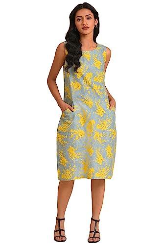 W for Woman Women's Cotton Blue and Yellow Abstract Print Western Dress Above The Knee 23FEW18818-810328