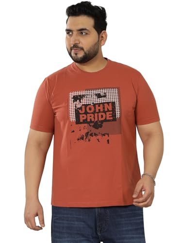 JOHN PRIDE Plus Size Men Regular Fit Printed Short Sleeves Rust Round Neck Stretchable T-Shirt (JPTSR32445_7XL_Rust)