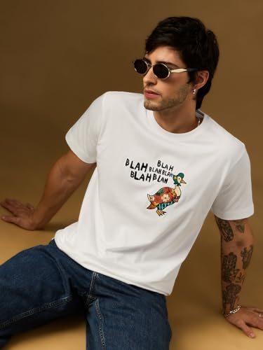 The Souled Store Casual Classics: Blah Men and Boys Short Sleeve Round Neck White Embroidered Duck Graphic Lightweight Streetwear Trendy Relaxed Fit Casual T-Shirts