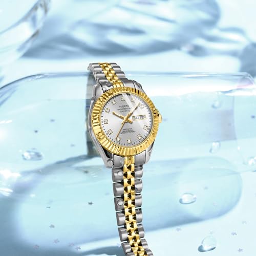 NIBOSI Watches for Woman Analog Quartz Stainless Steel Diamond Rose Gold Green Small Dial Women Watches Classic Wrist Watch Date Waterproof (A02-Gold Silver White)