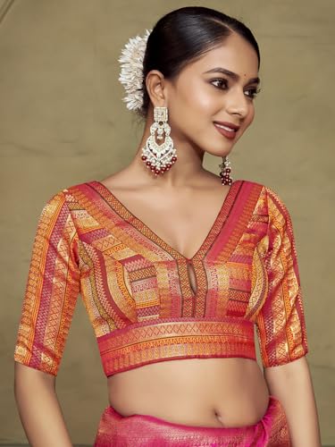 Vardha Women's Readymade Elbow Length Sleeves Golden Zari Saree Blouse (Orange)