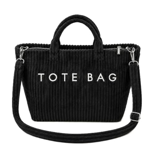 Kawn® Korean Tote Bag Aesthetic Corduroy Canvas Handbag for Women Zipper Casual Large Capacity Shoulder Bag with Pockets Versatile Everyday use for College Work Travel & Shopping (P - Black)