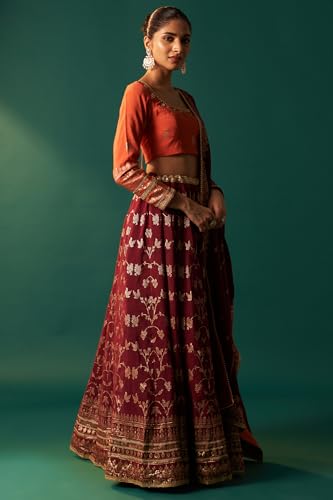 Wishful Women's Orange Zari Embroidered Jacquard Blouse with Flared Maroon Skirt and Dupatta Set (SP13159-314462-XL)