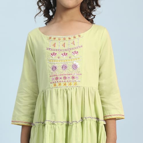 BIBA Girls Pastel Green Tiered Cotton Solid Kurta suit set