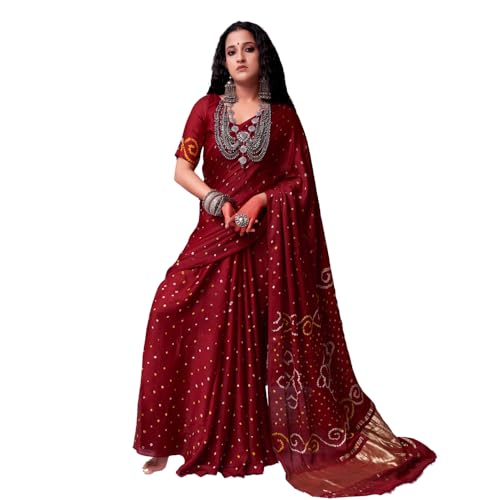 HEMA SILK MILLS Women Refined Mahogany Maroon Gajji Silk Bandhani Saree Gajji Maroon
