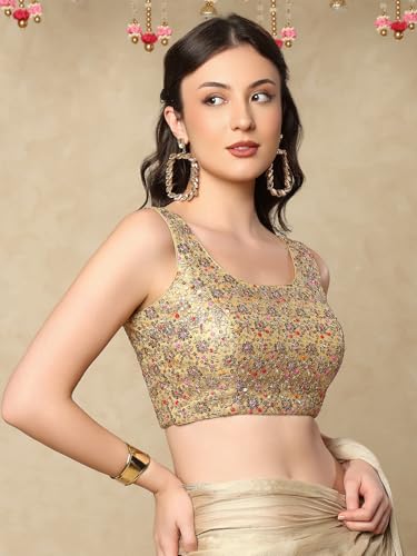 S SALWAR STUDIO Golden Embroidered Net Sleeveless Readymade Saree Blouse