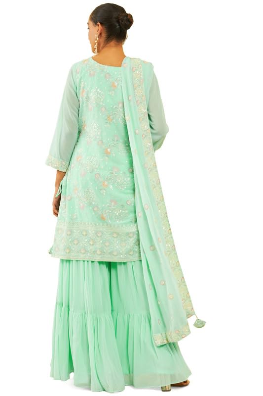 Soch Womens Sea Green Georgette Sequinned Embellished Suit Set with Tie-Ups