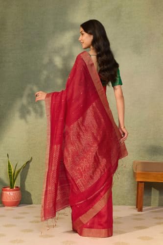 Taneira Red Woven Pure Silk Vanya Bengal SareeWith Unstitched Blouse(SAPH01AC6403-Red)