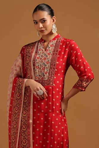Soch Womens Red Muslin Floral Salwar Suit With Sequins