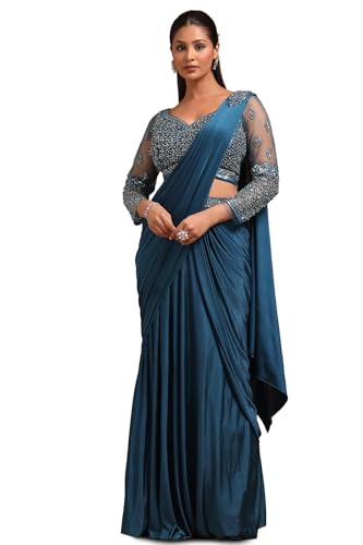 Soch Womens Teal Nylon Blend Solid Ready To Wear Saree With Cutdana
