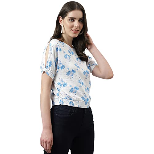 Latin Quarters Women White Floral Print Top with Short Sleeves