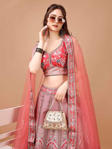 SAPTRANGI Women's Printed Ready to Wear Lehenga & Blouse with Dupatta (Pink & Grey, XS)
