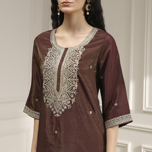Biba Women Wine Viscose Rayon Straight Solid Kurta Set_38