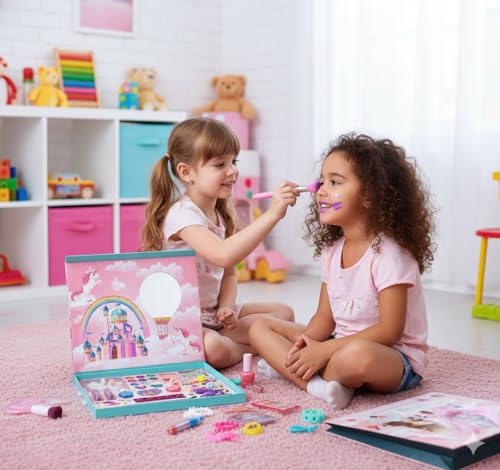 Big Size Kids Washable Makeup Kit Fold-Out Makeup Palette with Mirror Non-Toxic & Safety Tested Pretend Cosmetic Toy Set for Girls Washable Play Makeup Gift for Kids