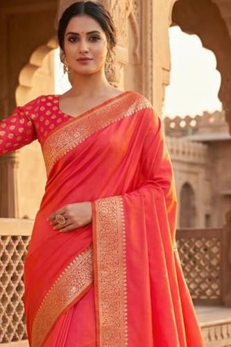 SGF11 Women's Kanjivaram Soft Silk Saree With Unstiched Blouse Piece (Orange)