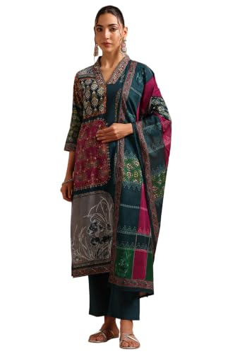 Soch Womens Blue Cotton Digital Printed Botanical Salwar Suit