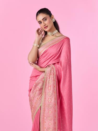 MOHEY Women's Art Silk Stone Work, Thread Work & Zari Saree with Blouse Piece (Pink)