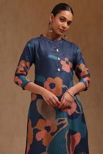 Soch Womens Navy Blue Linen Floral Print Kurta with Beads