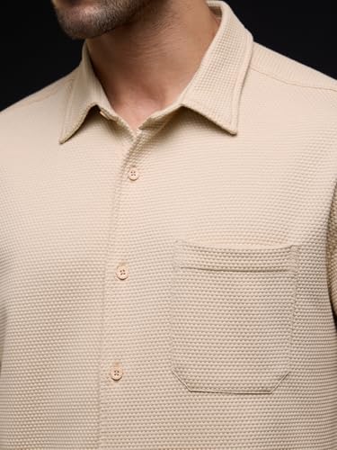The Souled Store Textured Shirt: Dune Men and Boys Long Sleeve Spread Collar Beige Casual Easy to Style Everyday Office Wear Cotton Solid Relaxed Shirt