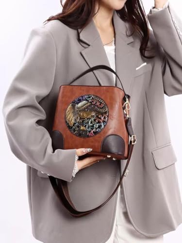 MAIRO LIFESTYLE PU Leather Handbag Retro Embossing Mandala Designer Purse Organizer Handmade Italian Purse for Women (C - Elephant Satchel Tan)