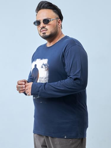 Bewakoof Men's Graphic Print Regular Fit Full Sleeve Round Neck Cotton Plus Size T-Shirt_694247_Blue_3XL