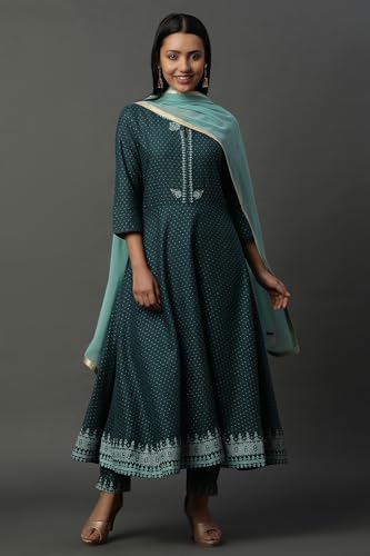 W for Woman Women's Rayon Kurta, Straight Pant & Dupatta (23AUSTWS10104-119928_Teal Green