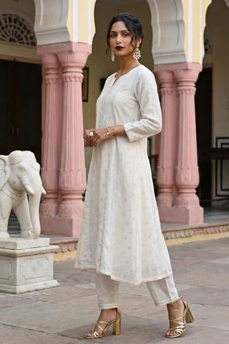 Wishful Women’s Off White Embroidered Chanderi A-line Kurta with Straight Pants and Dupatta Set - (SP12468-401487-S)