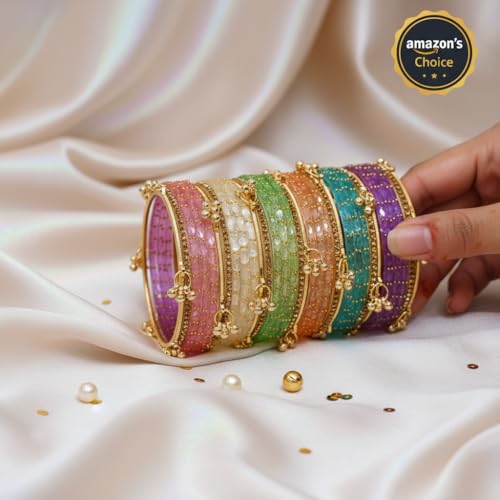 KAYASHA Multicolor-03 Kashmiri Ghangharoo Glass Bangle Set of 32 | Light Weight Traditional Transparent Fancy Chudi Set for Wedding, Party set of 32 (18 Glass + 14stone and Ghungroo Bangles)