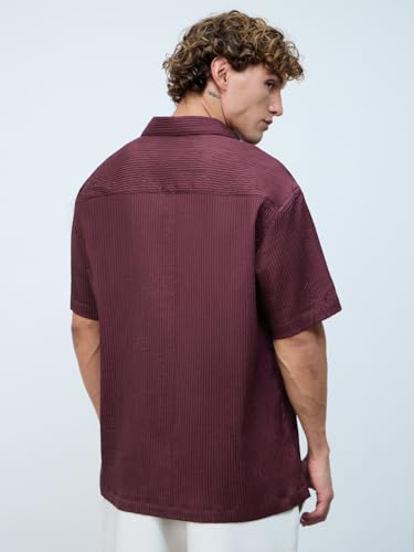 The Souled Store Textured Shirt: Sangria Men and Boys Short Sleeves Collared Neck Button Front Polyester Purple Solid Oversized Shirt