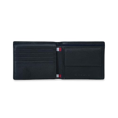 Tommy Hilfiger Men's Multicard Coin Wallet Caroni - Black | Genuine Pebbled Textured Leather Bifold Wallet with 12 Card Slots & Coin Pocket | Ideal for Gifting