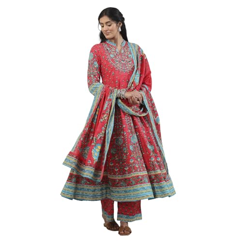 Biba Women Red Cotton Kalidar Suit Set_32