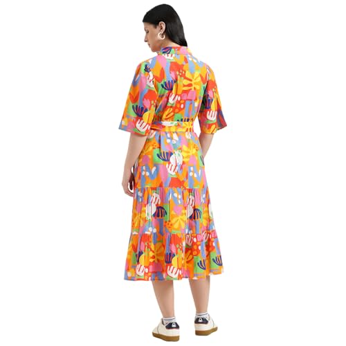 United Colors of Benetton Regular Fit Spread Collar Printed Dress (Size : S) - 26P4WVDRL164I901 Multicolour