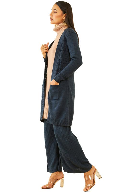Soch Womens Navy Blue Acrylic Pointelle Knit Open-Front Longline Shrug with Pockets