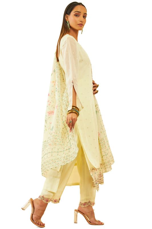 Soch Womens Light Yellow Organza Woven Design Suit Set With Beads Work