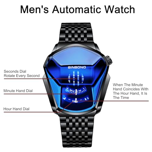 BACHATBAAZZAR—Not a product of our company,Luxury Black Watch for Man, Unique Creative Analog Watch, Stainless Steel Black Tone Strap Quartz Watch with Blue Big Dial, Waterproof Business Men's Fashion Wrist Watch