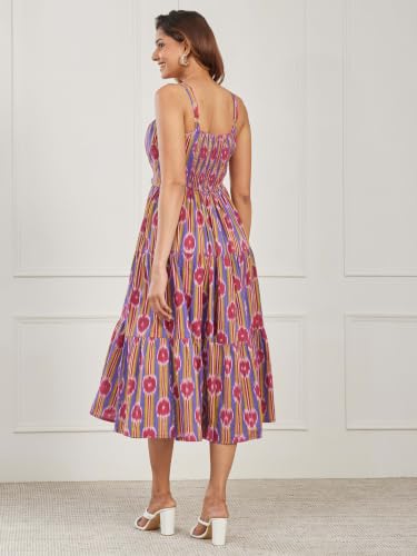 BIBA Dyed Cotton A Line Casual Dress Blue