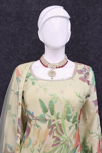 RUDRAPRAYAG Chinon Silk Floral Digital Print With Embroidery Womens Ethnic Wear Sharara Salwar Suit(Semi Stitched), Beige,Free Size