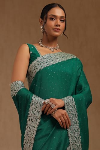 Soch Womens Teal Green Tussar Embellished Saree With Stone Work
