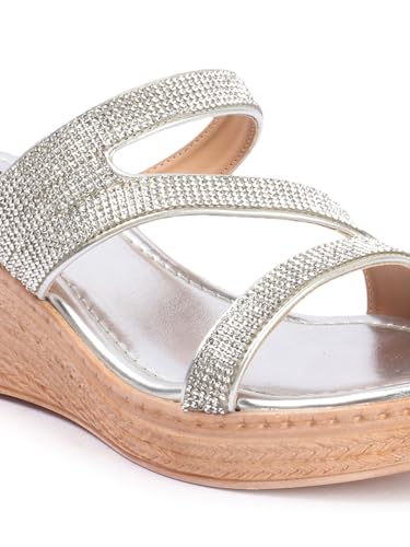 Carlton London Women Silver Comfortable Embellished Ethnic Sandal with Wedge Heels, Round Toe for Casual Use, Office and Daily Use (40)