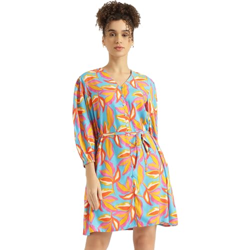 United Colors of Benetton Regular Fit V-Neck Floral Print Dress (Size: M) - 26P4WVNDR349I902 Blue
