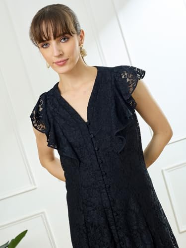 Latin Quarters Women's Black Cap Sleeves V-Neck Party Dress_M