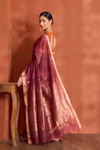 Taneira Women Dark Red Woven Pure Silk Cotton Bengal Saree with Unstitched Blouse Piece (SAPH04AB0593-Dark Red)