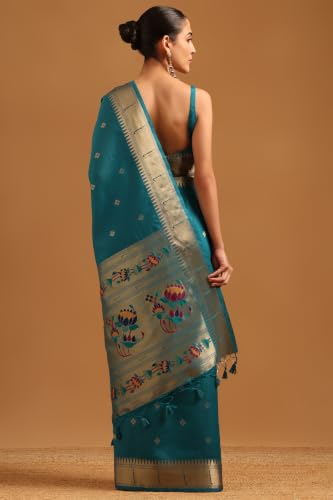 Soch Womens Teal Tussar Brocade Zari Woven Saree