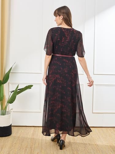 Latin Quarters Women's Black Half Sleeves V-Neck Casual Printed Dress_M