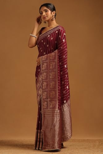 Soch Womens Wine Dola Silk Ethnic Motifs Zari Woven Saree
